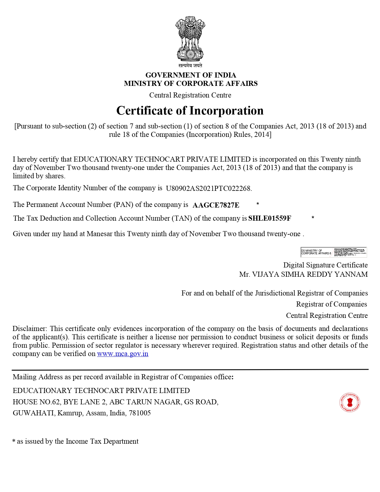 Certificate of incorporation