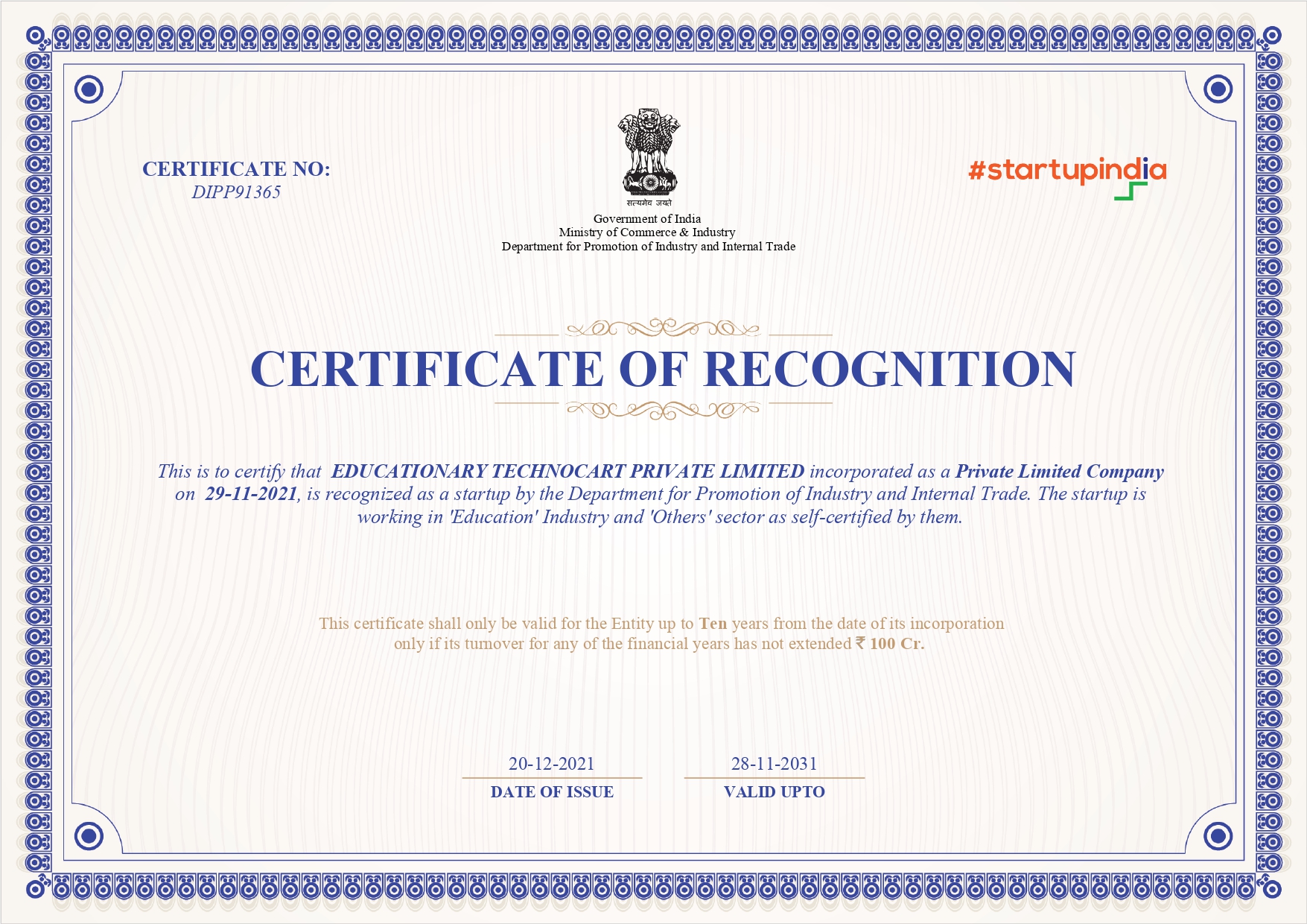 Startup certificate